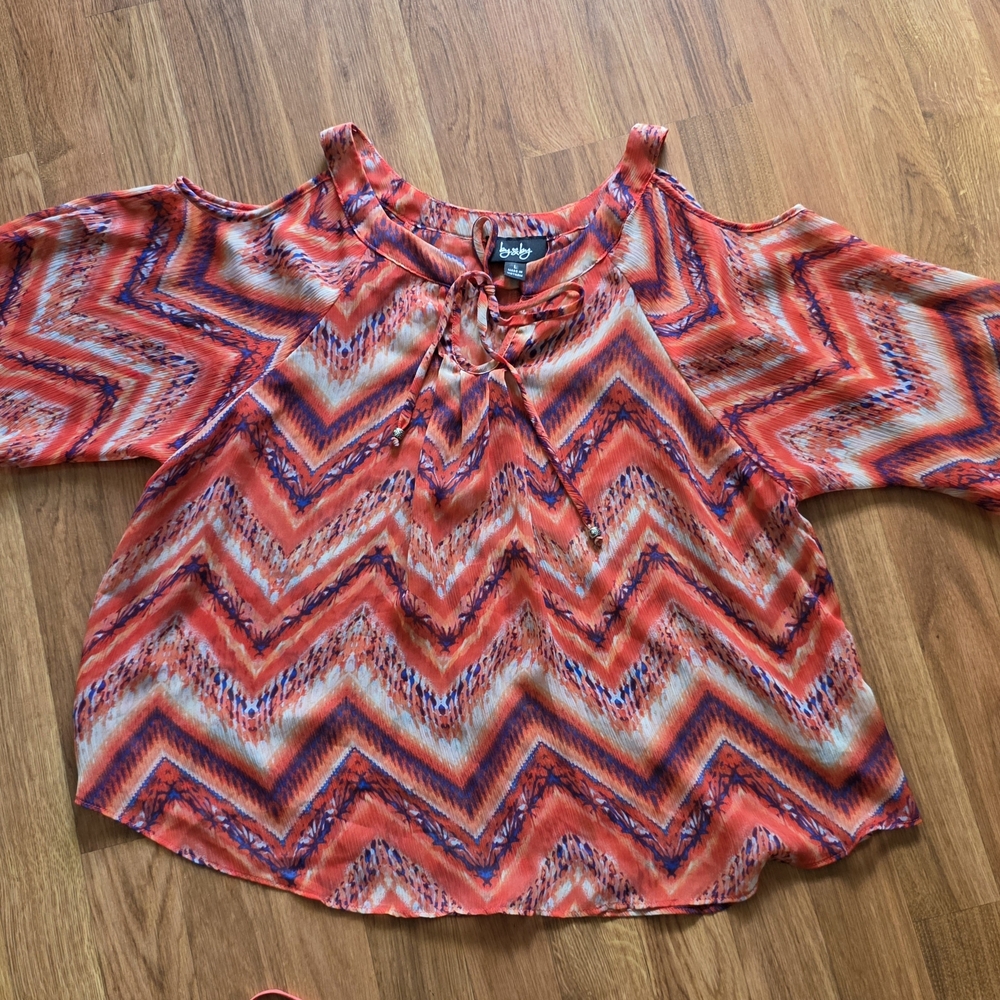 By X By Women's Zigzag Pattern Cold Shoulder Top - Coral, Blue, and White.